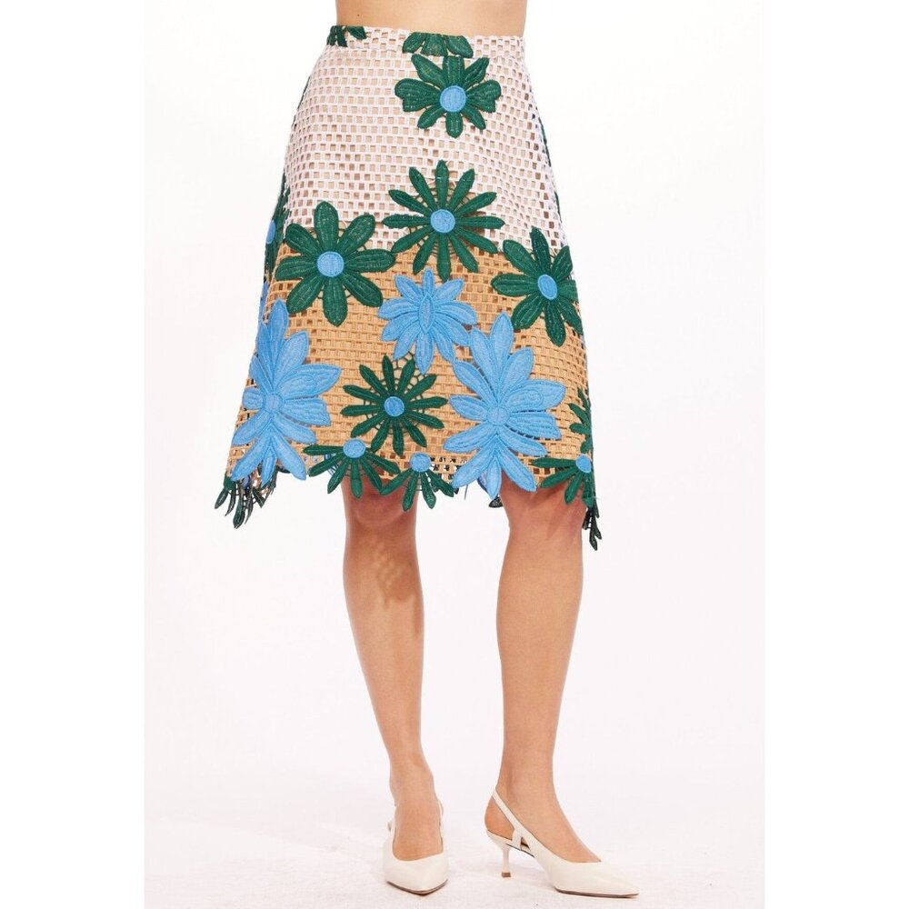 Eva Franco Floral Embroidered Midi Skirt with Uneven Hemline NWT